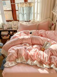 Light Pink Girl Style Black Trim White Ruffle Edge Simple Comfortable Soft Skin-Friendly Duvet Cover Set 3 Pieces (1*Duvet Cover + 2*Pillowcases, No Filling), Suitable For Bedroom Guest Room, Machine Washable, All Seasons - Baby Pink - View 2