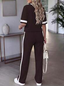 Conjunto de 2 piezas para mujer de primavera/verano, top de manga corta de cuello redondo y contraste de color casual y versátil, y pantalones rectos de cintura alta con cordón - Marrón oscuro 90 - Ver 7