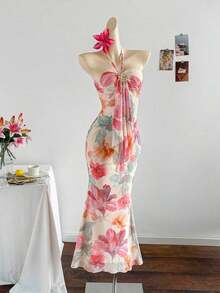 2026 Women's Romantic Gradient Mesh Knit Holiday Dress With Halter Neck, Bow And Decorative Metal Buckle, Mermaid Cut, Suitable For Parties, Dates, Afternoon Tea, Sexy And Elegant - 黑色 - 查看 3