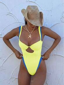 Traje de baño de una pieza con bloques de color para mujer.El contraste de color sexy favorece la figura, perfecto para vacaciones en la playa y atuendos casuales.Negro verano - Amarillo - Ver 1
