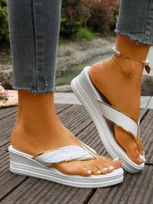 Sandalias de cuña con tira trasera y pedrería de lujo ligero, suela blanda antideslizante de 5.5cm, cómodas y versátiles para playa, desplazamientos y vacaciones - Blanco - Ver 6