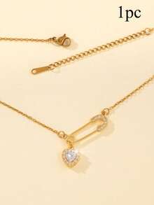 1pc Fashion Safety Pin Heart Pendant Necklace For Women, Stainless Steel Chain, Copper CZ Pendant, Daily Wear, Valentine's Day Gift - Pin - View 5