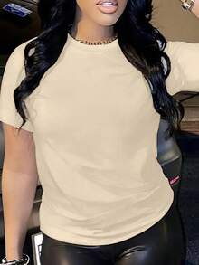 de verano para mujer de unicolor con cuello redondo sencillo y mangas cortas, para uso diario - Albaricoque - Ver 4