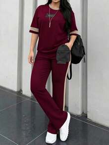 2 piezas Conjunto de camiseta de manga corta de cuello redondo y pantalones sueltos de cintura elástica para mujer, uso diario casual, negro, verano - Borgoña 63+ Albaricoque - Ver 3