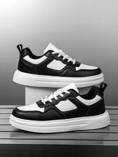 Men's Classic Minimalist Black & White Contrast Color Splicing Low-Top Sneakers, Suitable For Outdoor, Daily Wear, All Seasons, Low-Key Casual Shoes