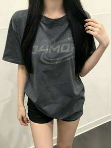 Women's Loose Sequin Letter Print Drop Shoulder T-Shirt, Summer Casual - Dark Grey - View 3