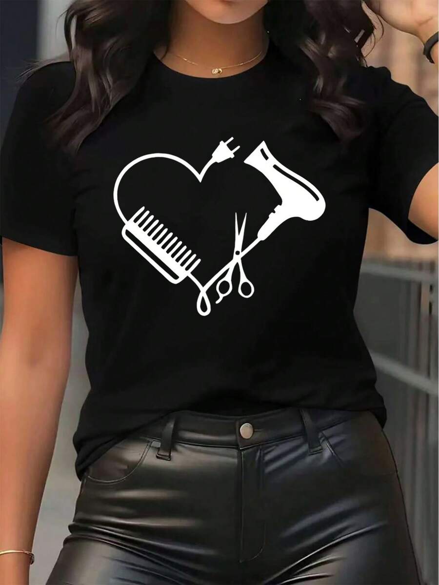 Camiseta de manga corta 100% algodón, exclusiva para salones de belleza, confeccionada con tela de poliéster duradera, decorada con un elegante patrón en forma de corazón, de corte cómodo, adecuada para barberos y peluqueros, ideal tanto para el trabajo como para el uso diario informal. - Negro - Ver 1