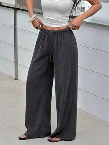 Women's Summer Casual Pants With Jacquard Design, Elastic Waistband With Romantic Bow And Low Rise, Straight Leg, Suitable For Home, Daily Wear, Office, Dates, Travel, Beach, Office Work, Sun Yellow Color - 黑色 - 查看 3