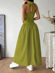 Vestido con escote en V profundo, estilo sexy halter, empalmado con pliegues en la cintura - Verde - Ver 2