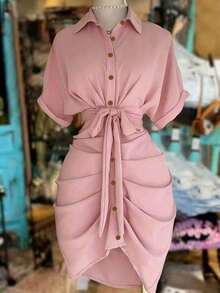 Vestido camisero de mujer de unicolor, con un solo abotonado, nudo y pliegues, para uso casual, de fiesta o de viaje - Rosa vieja - Ver 1