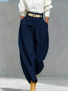Women's Solid Color Zipper Pocket Pleated Casual Loose Pants (Belt Not Included) Spring - Navy Blue - View 10