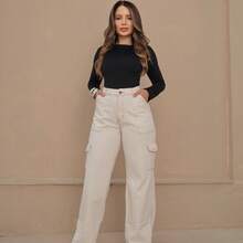 Women's Stylish Dark Brown Cargo Jeans - Rượu sâm banh - Xem 13