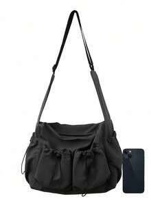 Bolso bandolera unisex de gran capacidad, bolso de hombro impermeable de nailon con cordón y múltiples bolsillos - Gris Oscuro - Ver 4