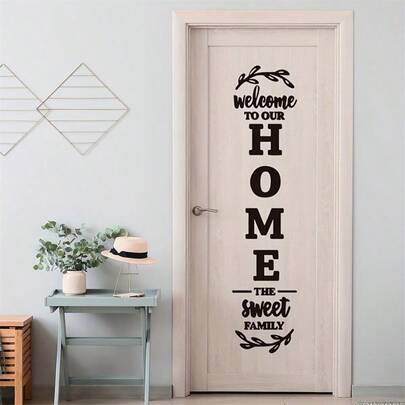 1 miếng dán tường chữ màu đen trang nhã - "Chào mừng đến với ngôi nhà và gia đình chúng tôi", decal dán tường PVC tự dính có thể tháo rời, thích hợp để trang trí cửa, tường, phòng khách, phòng ngủ, nhà cửa.