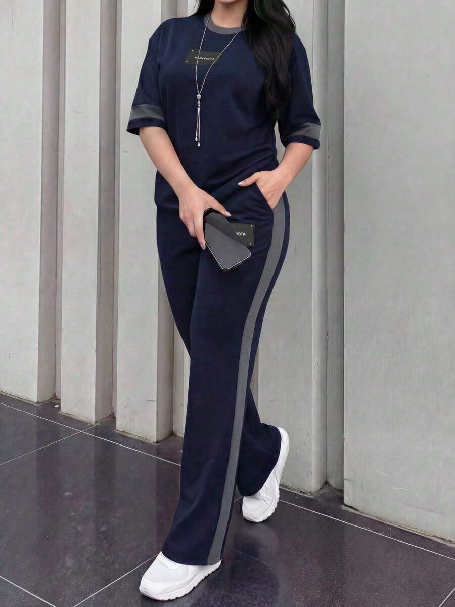 Conjunto de 2 piezas de camiseta de manga corta de cuello redondo y pantalones sueltos de cintura elástica para mujer, uso casual diario, elegante para primavera/otoño y verano - Azul real 66 - Ver 1