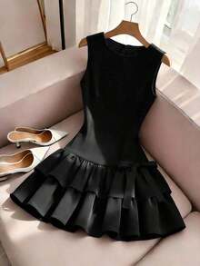 Vestido elegante sin mangas estilo francés, vestido mini con decoración de lazo rojo, adecuado para salidas diarias, citas, vacaciones - Negro - Ver 5
