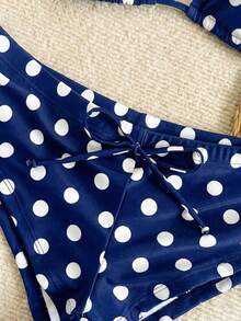 Nuevo conjunto de bikini con estampado de lunares sexy, espalda descubierta y lazo, con tirantes de espagueti para playa y piscina en vacaciones - azul real - Ver 5