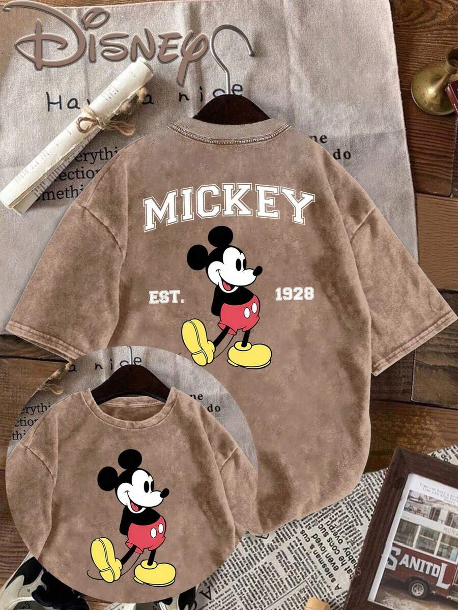 Disney Mickey Mouse "EST. 1928" Vintage Varsity Style Washed T-Shirt - Coffee Brown - View 1