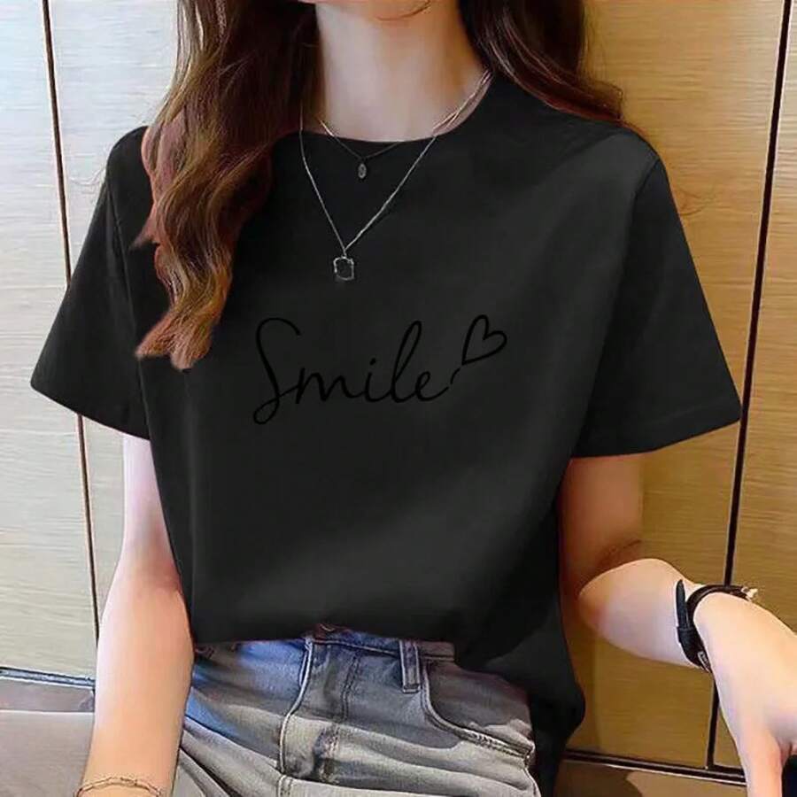 Camiseta de manga corta para mujer, camisa coreana con cuello redondo, tops estampados - H501-negro - Ver 1