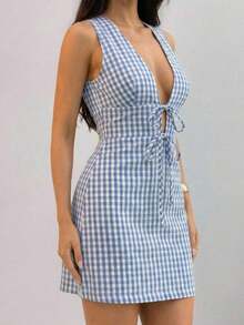 Vestido mini sin mangas con lazo delantero a rayas - Azul y blanco - Ver 6