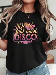 Talla Grande, Ich Fuhl Mich DISCO Camiseta de Mujer con Estampado Gráfico, Talla Grande, Manga Corta, Cuello Redondo, Top Casual para Verano y Primavera, Ropa de Mujer - Negro - Ver 1