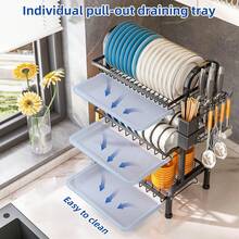 1pc Large 3-Tier Kitchen Storage Rack With Quick Drainage, Knife & Fork Holder, Cutting Board Rack, Multifunctional Countertop Dish Rack For Bowls & Plates, Stylish Metal Rack, Durable Kitchen Organizer - Multicolor - View 3