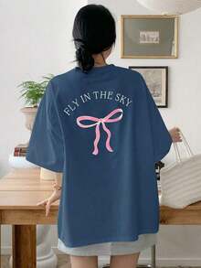 Women's Loose-Fitting, Casual Summer T-Shirt With Letter Print, Bow Detail, Round Neck, And Drop Sleeves. Cute, Oversized Graphic Tee. Y2K Style,  Style, New For 2026, Cute Style, Casual Style. 180g (Sizes S-XXXL) - 藍色的 - 查看 7