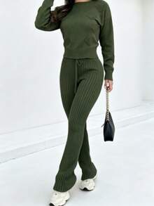 Knitted Set, Women's Long Sleeve Knitwear, Women's Fashion, Casual, Urban, Party, Nightclub, Comfortable - 軍綠色 - 查看 2