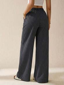 Tall Pantalones largos de mujer casuales de uso diario con estampado a rayas y estampados para primavera/verano - Negro - Ver 2