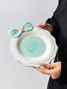 1pc Colorful Bowknot Ceramic Plate, Ins Style Creative Handpainted Embossed Plate, Bowknot Design & Colorful Round Plate, Suitable For Daily Western Dining, Birthday Cake, Snacks, Storage, Dishwasher - Multicolor - View 18