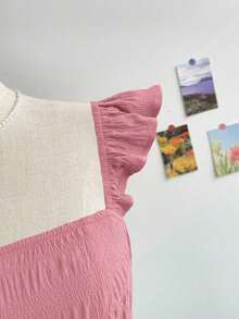 Vestido mini de mujer para vacaciones, de color caqui marrón, con textura de ramitas y hojas, de tela, con mangas de tipo gorro, espalda abierta y cintura con lazo, apto para fiesta, cita, té de la tarde, estilo bohemio, festival de música, carnaval, playa. - Rosa - Ver 7