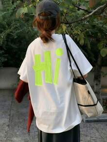 新款夏季 Z 世代 Y2K 风格女式荧光绿 HI 字母印花圆领短袖 T 恤 - 白色 - 查看 3