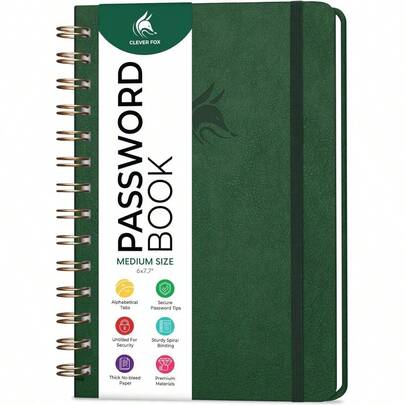 Password Book Spiral - Internet Address Log Book With Alphabetical Tabs, Password Keeper Organizer - Medium 15.5x19.6cm (Dark Green)