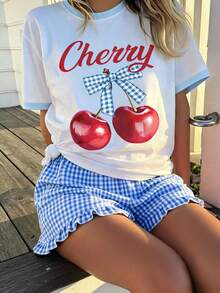 2pcs Girls Set, Round Neck T-Shirt And Plaid Ruffle Hem Shorts, Cherry And Plaid Bow Print With "Cherry" Accent, Casual Outfit Suitable For Picnic And Outdoor - Baby Blue - View 1