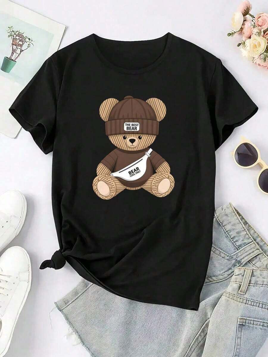 1 Bear Print T-Shirt - Soft, Breathable, Comfortable Cotton Blend, Short Sleeve, Casual Summer Sportswear, Easy Care, Quick Drying, Suitable For Outdoor Activities And Casual Wear, Casual Style, 100% Cotton, 180g, All Designs Are Printed. Unisex. - 預設圖 2 - 查看 1