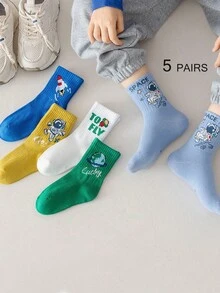 5 双儿童中筒袜，男童和女童，高弹力，卡通宇航员、火箭、地球、字母图案运动中筒袜，适合所有季节，略薄，非常适合返校 - 彩色 - 查看 7