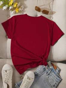 Camiseta de manga corta con cuello redondo y estampado de búho de dibujos animados para mujer, camisetas gráficas para mujer. - Borgoña 2 - Ver 2