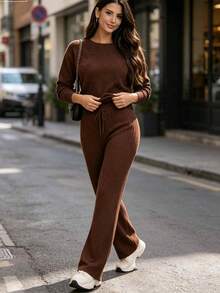 Women's Long Sleeve Knit Set, Casual Urban Fashion, Perfect For Parties Or Nights Out, Comfortable - Rỉ Nâu - Xem 3