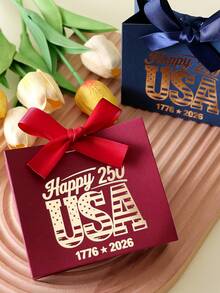 250th Independence Day Happy USA Foil Gift Bag, American National Day Party Souvenir Box, July 4th Holiday Decor Red Blue White Paper Bag, Summer Celebration Favor Packaging With Bow Design, Patriotic Metallic Feel Party Supplies - View 6