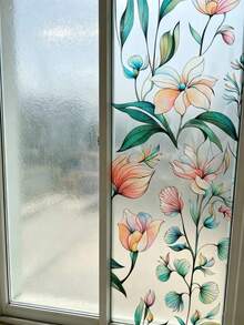 1 Roll Of Vibrant Botanical Pattern Glass Decal, Removable Decorative Privacy Window Film - Green Crescent - View 2