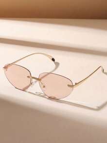 1 Pair Women's Rimless Retro Cat Eye Champagne Fashion Sunglasses, Suitable For Outdoor Travel, Tropical Beach Vacation, Music Festival Decoration - Champagne - View 2