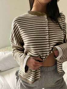 Vivid Style Otoño/Invierno Nuevo Cárdigan de Punto a Rayas Holgado Estilo Urbano para Mujer, Ideal para Calle, Aeropuerto, Navidad, Año Nuevo, Rosa - Marrón - Ver 6