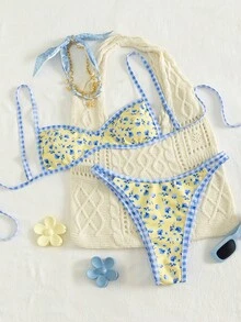 Bộ bikini nữ họa tiết hoa nhí hai mặt, dây quai mảnh, dáng ôm, phù hợp bơi lội và đi biển mùa xuân/hè - Nhiều màu - Xem 2
