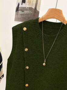 1 pieza Chaleco sin mangas de punto de unicolor con cuello redondo corto, diseño asimétrico con botones, accesorio de moda, chaleco versátil de punto para el verano - Verde - Ver 6