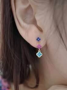 Bông tai bạc Sterling hình cánh hoa bốn cánh đính đá Dopamine đơn giản, thời trang và dễ thương. - Bông tai hình cỏ ba lá Dopamine - Xem 5
