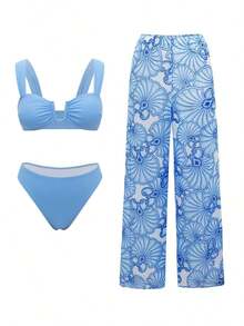 CXJJ  Swim Oasis Conjunto de ropa de playa y traje de baño de verano con top de tirantes de cuello cuadrado con estampado floral azul y blanco, y pantalones anchos - Azul - Ver 6