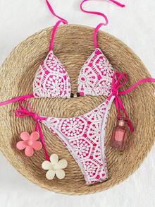 73PC Nuevo conjunto de bikini de 2 piezas de lujo y elegante Swim Vcay, con encaje de ganchillo blanco y triángulo caramelo/marrón. Parte superior de natación con cuello de halter y acentos de cuentas de madera, tanga sexy de corte alto para traje de baño/bañador de verano para playa, piscina, vacaciones, estilo retro Y2K Spice Hot Girl, festival de música, salidas a la tropical y vibraciones modernas - Rosa Fucsia - Ver 2