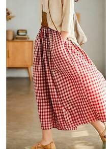 High-Waist New Casual Vacation-Style - Plaid Wide-Leg Pants Skirt, Loose And Elegant Casual Trousers - 紅色 - 查看 2
