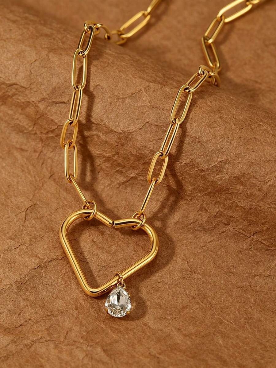 MONALLY 18K Gold Plated Stainless Steel Water Drop Cubic Zirconia Heart Pendant Necklace, Minimalist Multi-Layer Necklace For Daily Wear, Gift For Women, Birthday, Anniversary, Bride, Bridesmaid, Valentine's Day - Pendant Necklace - View 1