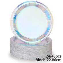 Bộ 24/48 đĩa giấy dùng một lần dày dặn, chống rò rỉ, đường kính 9 inch, màu bạc, dễ lau chùi, thích hợp cho đám cưới, sinh nhật, tiệc tùng, lễ tốt nghiệp, Giáng sinh, Lễ Tạ ơn, Halloween, Ramadan, Lễ Phục sinh, cắm trại, nhà bếp gia đình - Bạc màu - Xem 1